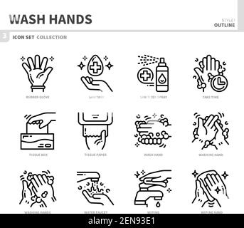 wash hands icon set,outline style,vector and illustration Stock Vector