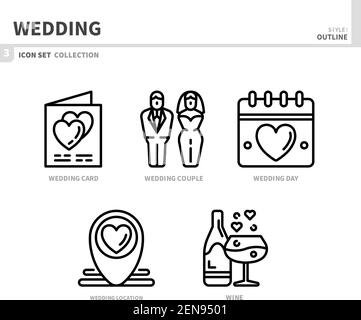 wedding and marriage icon set,outline style,vector and illustration Stock Vector