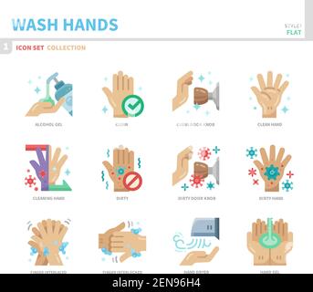 wash hands icon set,flat style,vector and illustration Stock Vector