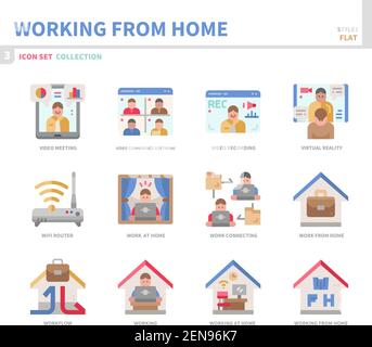 working from home icon set,flat style,vector and illustration Stock Vector