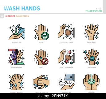 wash hand icon set,filled outline style,vector and illustration Stock Vector