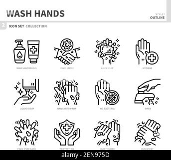 wash hands icon set,outline style,vector and illustration Stock Vector