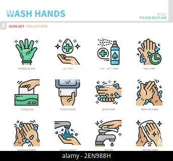 wash hands icon set,filled outline style,vector and illustration Stock Vector
