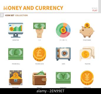 money and currency icon set,flat style,vector and illustration Stock Vector