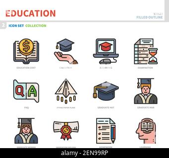 education icon set,filled outline style,vector and illustration Stock Vector