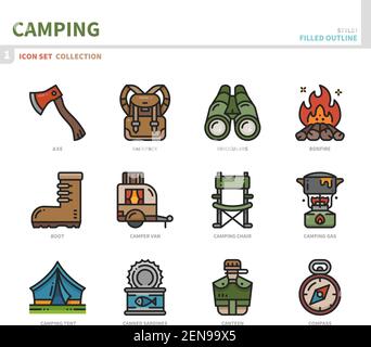 camping icon set,filled outline style,vector and illustration Stock Vector