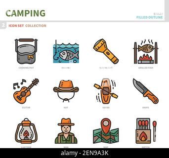 camping icon set,filled outline style,vector and illustration Stock Vector
