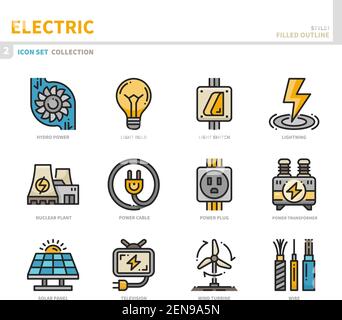 electric icon set,filled outline style,vector and illustration Stock Vector
