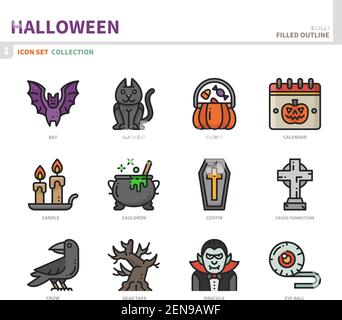 halloween icon set,filled outline style,vector and illustration Stock Vector