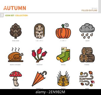 autumn season icon set,filled outline style,vector and illustration Stock Vector