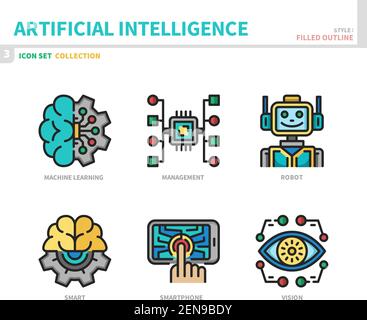 artificial intelligence icon set,filled outline style,vector and illustration Stock Vector
