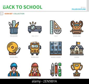 back to school icon set,filled outline style,vector and illustration Stock Vector