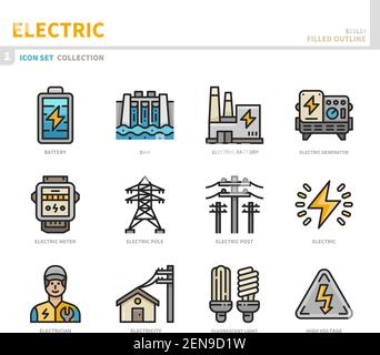 electric icon set,filled outline style,vector and illustration Stock Vector