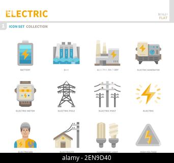 electric icon set,color flat style,vector and illustration Stock Vector