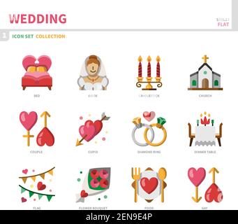 wedding and marriage icon set,flat style,vector and illustration Stock Vector