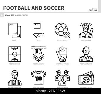 football and soccer icon set,outline style,vector and illustration Stock Vector