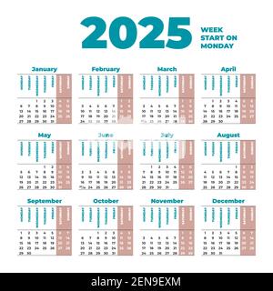 2025 Calendar template with weeks start on Monday Stock Vector