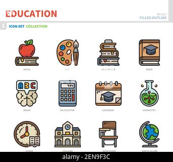 education icon set,filled outline style,vector and illustration Stock Vector