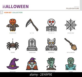 halloween icon set,filled outline style,vector and illustration Stock Vector