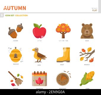 autumn season icon set,color flat style,vector and illustration Stock Vector