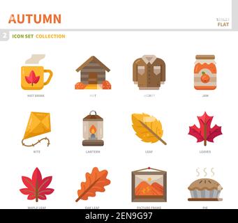 autumn season icon set,color flat style,vector and illustration Stock Vector