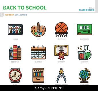 back to school icon set,filled outline style,vector and illustration Stock Vector
