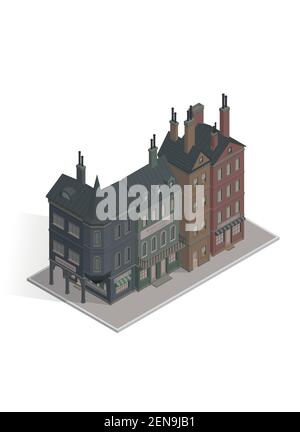Set of vector isometric gothic houses in a row. Vector illustration of vintage living block. London fairy buildings. Victorian, gloomy, dark and old s Stock Vector