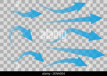Set of transparent blue arrows showing air flow isolated on transparent background. Flat style. Vector illustration Stock Vector