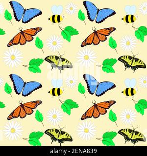 Spring seamless pattern. Vector. A repeating pattern with butterflies, flowers, leaves and bees. Bright colorful background. Template for packaging an Stock Vector