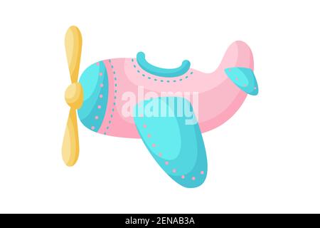 Cute pink-blue airplane on white background. Cartoon transport for kids cards, baby shower, birthday invitation, house interior. Bright colored childi Stock Vector