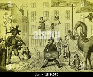 A   circa 1830 engraving recalling earlier  British street entertainers that were once common. A sign can be seen warning that anyone fund begging would be sent to the treadmill as a punishment.despite this a disabled man can be seen on his knees begging Stock Photo