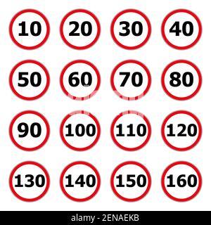 Speed limit icon isolated on white background. Symbol for speeding. Set of red road signs 10, 20, 30, 40, 50, 60, 70, 80, 90, 100, 110, 120, 130, 140, Stock Vector