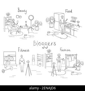 Bloggers. Scenes from life of various Internet characters. Beauty, food, fitness, fashion bloggers are recording videos. Cartoon vector illustration Stock Vector