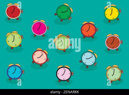 Background of multicolored clocks and alarm clocks Stock Vector