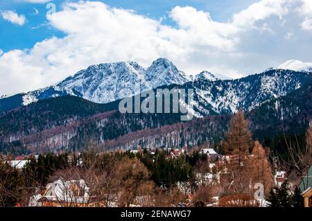 Giewont mountain with a metal cross on the top in Tatra Mountains near Zakopane in Poland Stock Photo