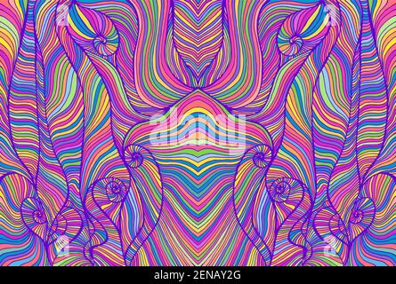 Iridescent tabby hippie trippy psychedelic style waves. Fantastic art with abstract texture. Vivid neon colors, maze striped wave of ornaments. Vector Stock Vector