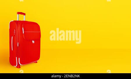 Red suitcase, baggage, luggage, trolley bag close up bright yellow background, travel banner, summer holidays design, vacation concept, tourism, space Stock Photo