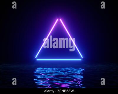 Glowing neon triangle with reflections in water surface. Abstract background, waves, ultraviolet, spectrum vibrant colors, laser show. 3d render illus Stock Photo