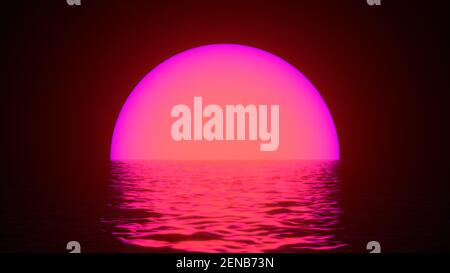 Glowing neon sun with reflections in water surface. Abstract background, waves, ultraviolet, spectrum vibrant colors, laser show. 3d render illustrati Stock Photo