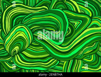 Simple doodle style abstract organic striped texture of agate stone, colorful green, light green, lemon, emerald color. Decorative tabby bright stylis Stock Vector