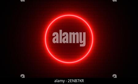 Neon sign on a brick wall. Glowing red circle. Abstract background, spectrum vibrant colors. 3d render illustration. Stock Photo