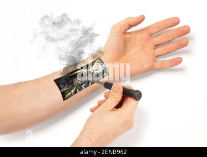 Robot hand inside human hand - Prosthesis concept, repairing, isolated on white Stock Photo