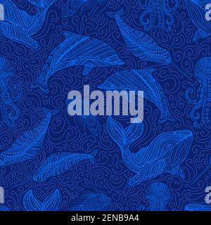 Amazing Whale Dolphin Octopus Narwhal and Fish ornamental sea waves fantasy seamless pattern, blue outline color, isolated on dark blue Stock Vector