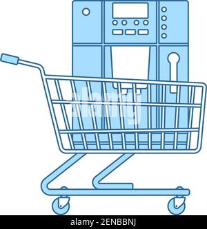 Shopping Cart With Cofee Machine Icon. Thin Line With Blue Fill Design. Vector Illustration. Stock Vector