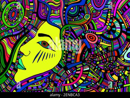 Fantastic psychedelic cyberpunk beautiful girl. Vector hand drawn illustration with fantasy surreal woman. Stock Vector