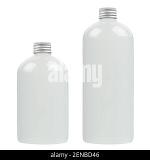Set of two plastic tall and low bottles with water, silver cap mockup, isolated, template. Stock Photo