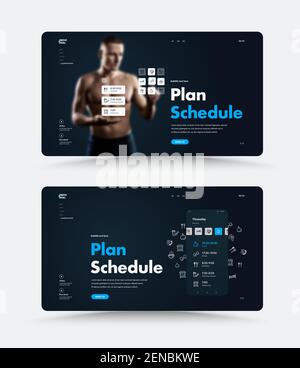Black vector web page design for day planning. Templates with mobile interactive graphics and holograms of applications. Sport theme. Stock Vector