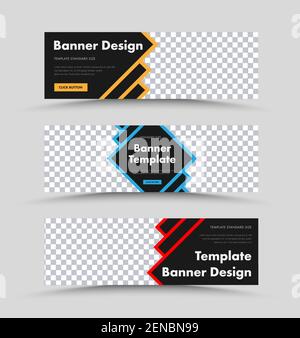 Templates of black vector web banners with color strokes in the form of a pointer and a place for a photo. Design for the site, the standard size. Set Stock Vector