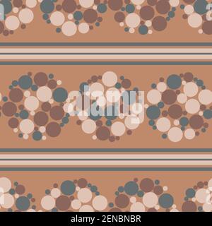 Abstract flower head bubble vector seamless pattern background. Circles within circular shapes and horizontal stripes backdrop. Monochrome terracotta Stock Vector