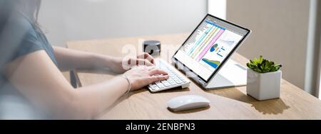 Woman Using Finance Spreadsheet Report On Laptop Screen Stock Photo